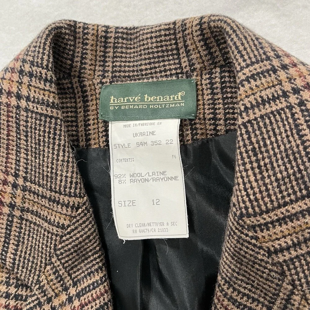Wool Plaid Blazer Harve Bernard  With Suede Leather Trim Womens Size 12 Vintage